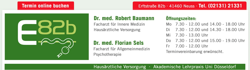 Hauarztpraxis / Gemeinschaftspraxis Dr. Robert Baumann - Facharzt fr Innere Medizin, hausrztliche Versorgung und Dr. Florian Sels - Facharzt fr Allgemeinmeidzin und Psychotherapie - Erftstr. 82b, 41460 Neuss | Tel. 02131 21331